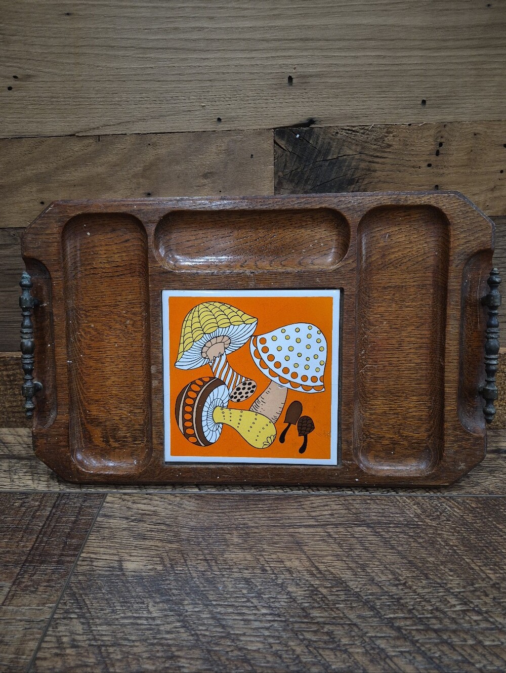 Vintage Mushroom Cheese Board Serving Tray Wood Ceramic Tile Charcuterie Large